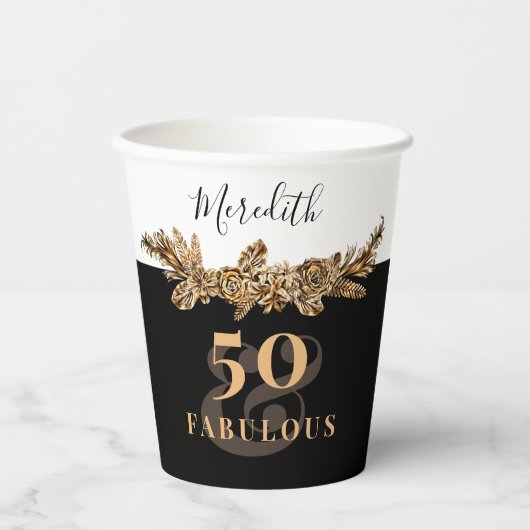 50e verjaardag Luxe Gouden Bloemen Elegant Klasse Papieren Bekers (Voorkant)