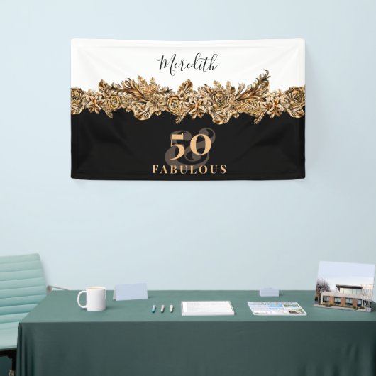 50e verjaardag Luxe Gouden Bloemen Elegant Klasse Spandoek (Beurs)