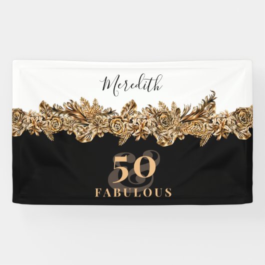 50e verjaardag Luxe Gouden Bloemen Elegant Klasse Spandoek (Horizontaal)