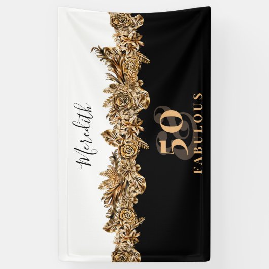 50e verjaardag Luxe Gouden Bloemen Elegant Klasse Spandoek (Verticaal)