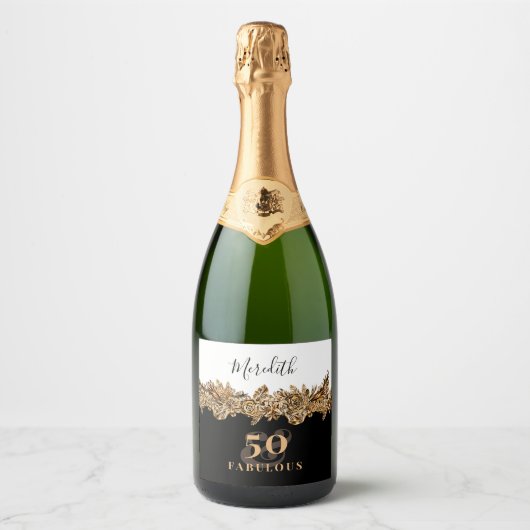 50e verjaardag Luxe Gouden Bloemen Elegant Klasse Sparkling Wijnetiket (Voorkant)