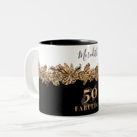 50e verjaardag Luxe Gouden Bloemen Elegant Klasse Tweekleurige Koffiemok (Voorkant links)
