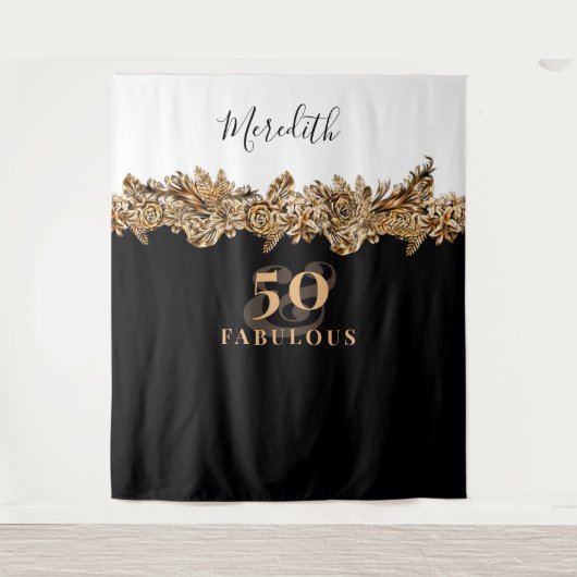 50e verjaardag Luxe Gouden Bloemen Elegant Klasse Wandkleed (Voorkant)