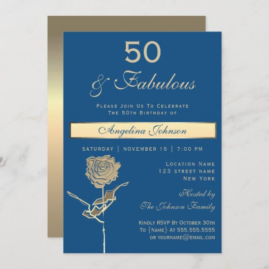 50e verjaardag Luxury Gold en Classic Blue Kaart (Voorkant / Achterkant)