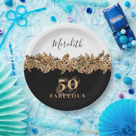 50e verjaardag Luxury Golden Flowers Elegant Class Papieren Bordje (Feest)