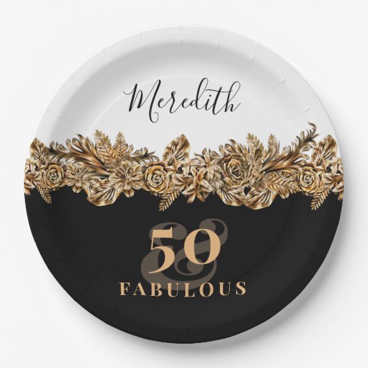 50e verjaardag Luxury Golden Flowers Elegant Class Papieren Bordje (Voorkant)