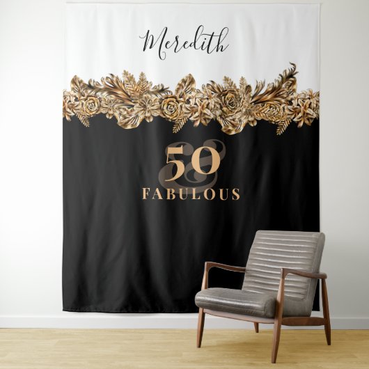 50e verjaardag Luxury Golden Flowers Elegant Class Wandkleed (In situ)