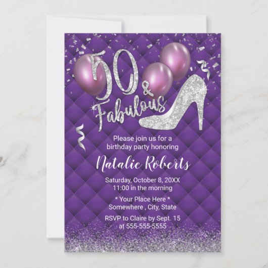 50e verjaardag Luxury Paars & Silver Fabulous 50 Kaart (Voorkant)