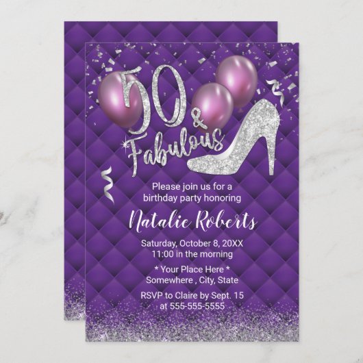 50e verjaardag Luxury Paars & Silver Fabulous 50 Kaart (Voorkant / Achterkant)