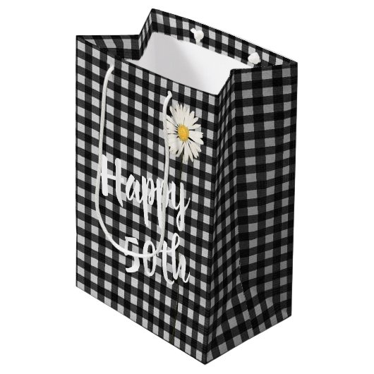 50e verjaardag Madeliefje op Gingham Medium Cadeauzakje (Voorkant Gekanteld)