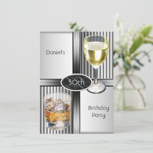 50e verjaardag Mannen Drinken Metal Black Silver Kaart (Staand voorkant)