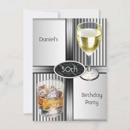 50e verjaardag Mannen Drinken Metal Black Silver Kaart (Voorkant)