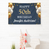 50e verjaardag marine blauw en goud viering spandoek (Insitu)