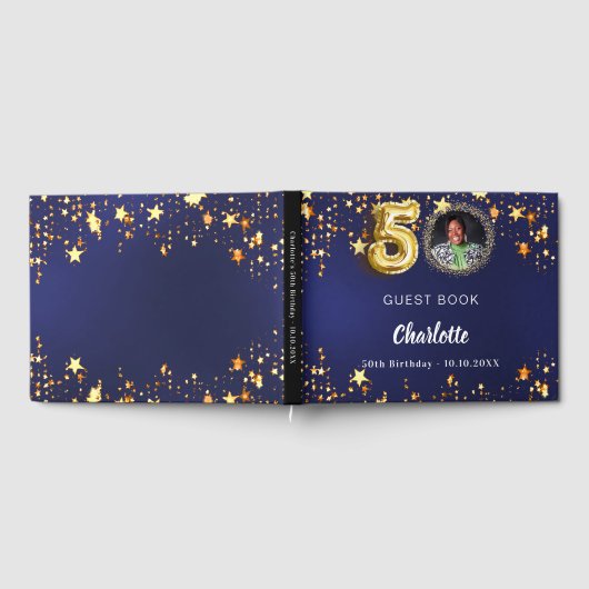 50e verjaardag marine blauw goud sterren foto gastenboek (Volledig)