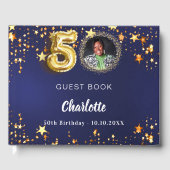 50e verjaardag marine blauw goud sterren foto gastenboek (Voorkant)