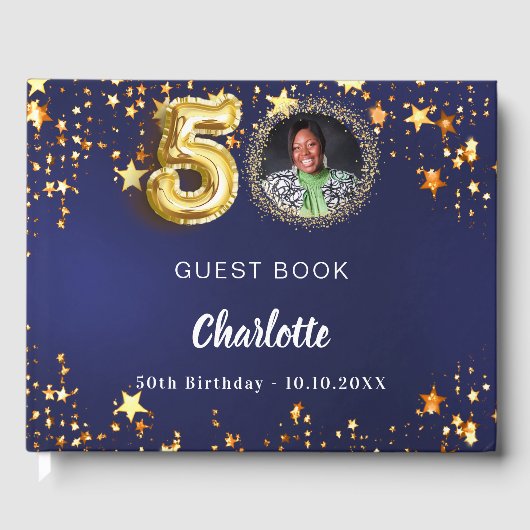 50e verjaardag marine blauw goud sterren foto gastenboek (Voorkant)