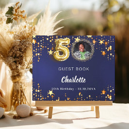50e verjaardag marine blauw goud sterren foto gastenboek