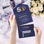 50e Verjaardag marine blauw zilver foto rsvp All In One Uitnodiging<br><div class="desc">Een marineblauwe achtergrond. De blauwe kleur is ongelijk. Personaliseer en voeg een foto,  naam,  partijgegevens,  RSVP-datum,  retouradres en naam toe. Nummer 50 is geschreven met een ballon stijl lettertype in faux zilver.</div>