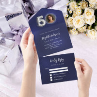 50e Verjaardag marine blauw zilver foto rsvp
