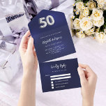 50e verjaardag marine blauw zilver rsvp all in one uitnodiging<br><div class="desc">Een marineblauwe achtergrond. De blauwe kleur is ongelijk. Personaliseer en voeg naam,  partijgegevens,  RSVP-datum,  retouradres en naam toe. Nummer 50 is geschreven met een ballon stijl lettertype in faux zilver.</div>