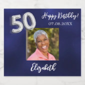 50e verjaardag marine blauwe foto sparkling wijnetiket (Enkel label)