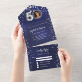 50e Verjaardag marine blauwe foto zilveren sterren All In One Uitnodiging (Afscheurbaar)