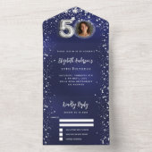 50e Verjaardag marine blauwe foto zilveren sterren All In One Uitnodiging (Binnen)