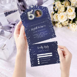 50e Verjaardag marine blauwe foto zilveren sterren All In One Uitnodiging<br><div class="desc">Een marineblauwe achtergrond,  versierd met sterren. De blauwe kleur is ongelijk. Personaliseer en voeg een foto,  naam,  partijgegevens,  RSVP-datum,  retouradres en naam toe.</div>