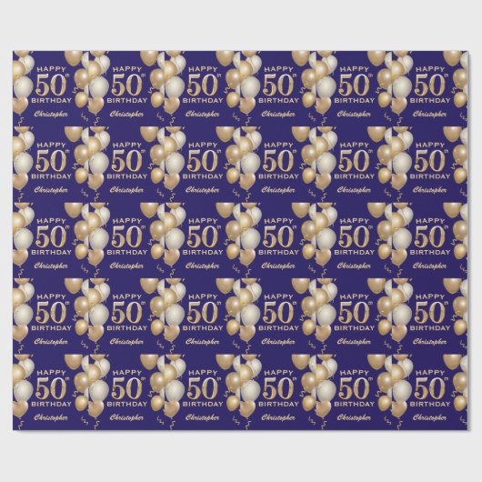 50e verjaardag marineblauw en goudballonnen cadeaupapier (Vlak)