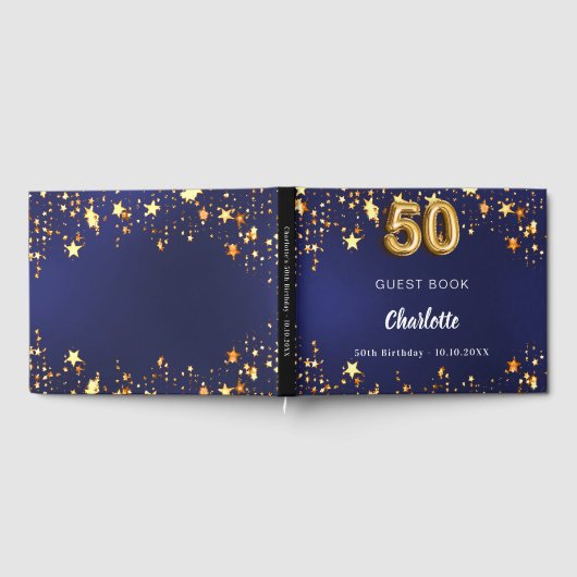 50e verjaardag marineblauw gouden sterren gastenboek (Volledig)