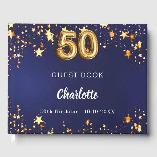 50e verjaardag marineblauw gouden sterren gastenboek (Voorkant)