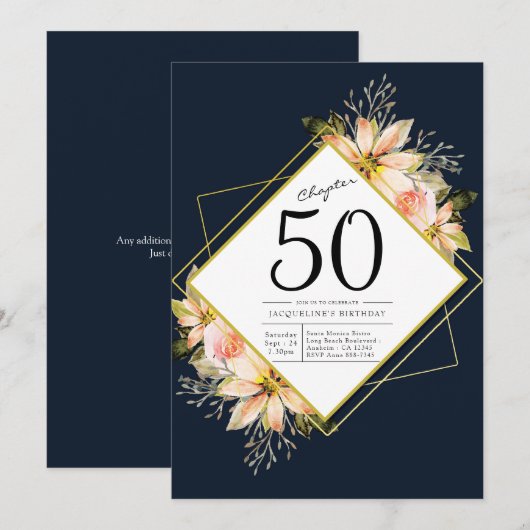 50e verjaardag marineblauw kaart (Voorkant / Achterkant)