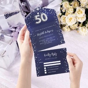 50e Verjaardag marineblauw zilveren sterren rsvp All In One Uitnodiging