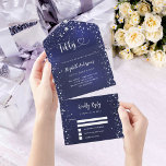 50e Verjaardag marineblauw zilveren sterren rsvp All In One Uitnodiging<br><div class="desc">Een marineblauwe achtergrond,  versierd met sterren. De blauwe kleur is ongelijk. Personaliseer en voeg naam,  partijgegevens,  RSVP-datum,  retouradres en naam toe. Vijftig is geschreven met een hart.</div>