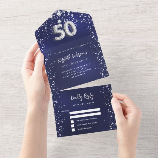 50e Verjaardag marineblauw zilveren sterren rsvp All In One Uitnodiging (Afscheurbaar)