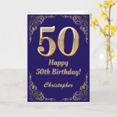 50e verjaardag marinenblauw en goudglitter Lijst Kaart (Gele Bloem)
