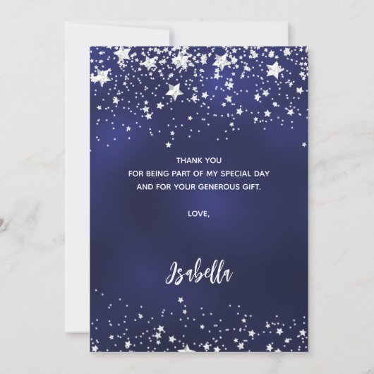 50e verjaardag marinesblauwe zilversterren bedankkaart (Achterkant)