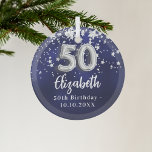 50e verjaardag marinesblauwe zilversterren glas ornament<br><div class="desc">Een marineblauwe achtergrondkleur met faux zilveren sterren. De blauwe kleur is ongelijk. Jouw namen,  tekst/datum toevoegen</div>