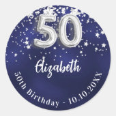 50e verjaardag marinesblauwe zilversterren ronde sticker (Voorkant)