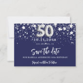 50e verjaardag marinesblauwe zilversterren save the date (Voorkant)