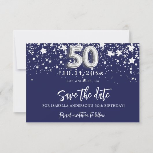 50e verjaardag marinesblauwe zilversterren save the date (Voorkant)