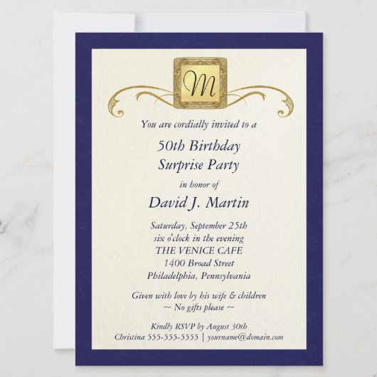 50e verjaardag - Masculinaire monogram - blauw Kaart (Achterkant)