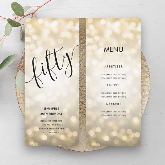 50e verjaardag Menu Gouden Glitter Lights Kaart