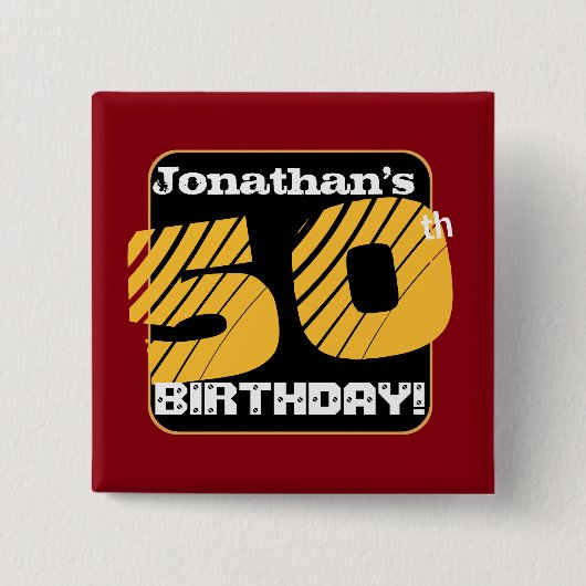 50e verjaardag met aangepaste naam striped nummer vierkante button 5,1 cm (Voorkant)