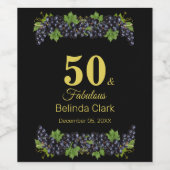 50e verjaardag met Paarse druiven op zwart Wijn Etiket (Enkel label)