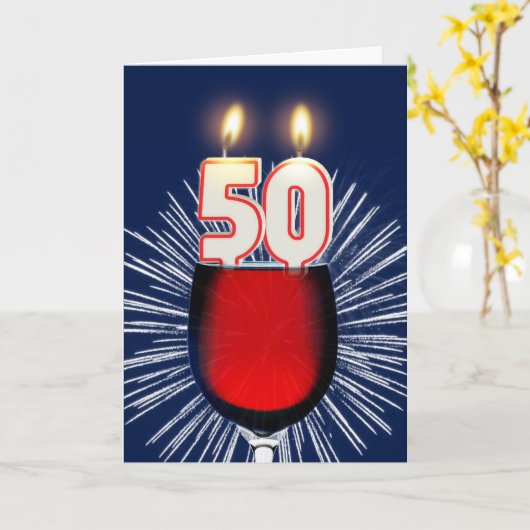 50e verjaardag met wijn en kaarsen kaart (Gele Bloem)