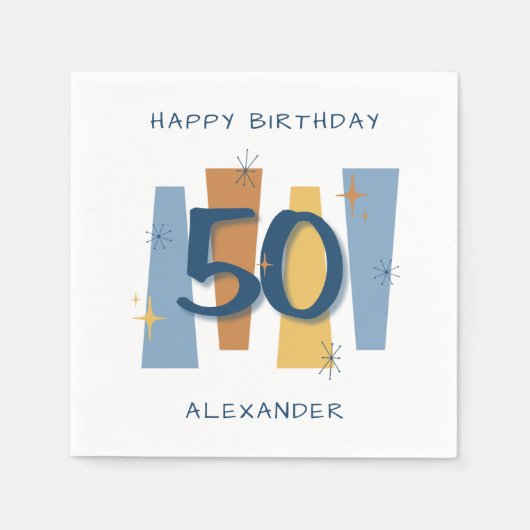 50e verjaardag Midcentury Modern Retro Blauw Servet (Voorkant)