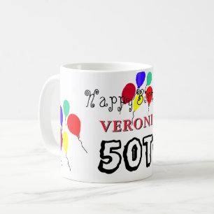50e verjaardag mijlpaal ballonnen rood blauw elke koffiemok