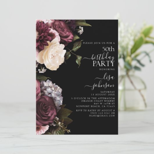 50e verjaardag Modern Dark Moody Bourgondië Floral Kaart (Staand voorkant)