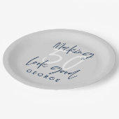 50e verjaardag modern grijs + marineblauw feest papieren bordje (Gekanteld)